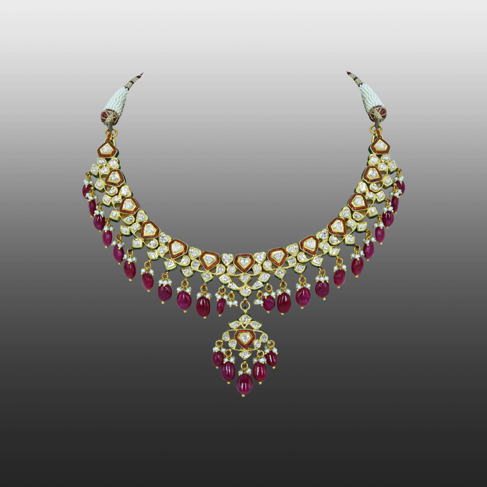 Polki Necklace with Ruby Drops and Red Enamel